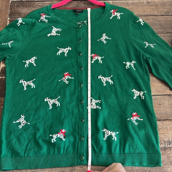 Talbots Women's Size LP Green Cashmere Cardigan Sweater Dalmation Dog Design - Picture 8 of 8